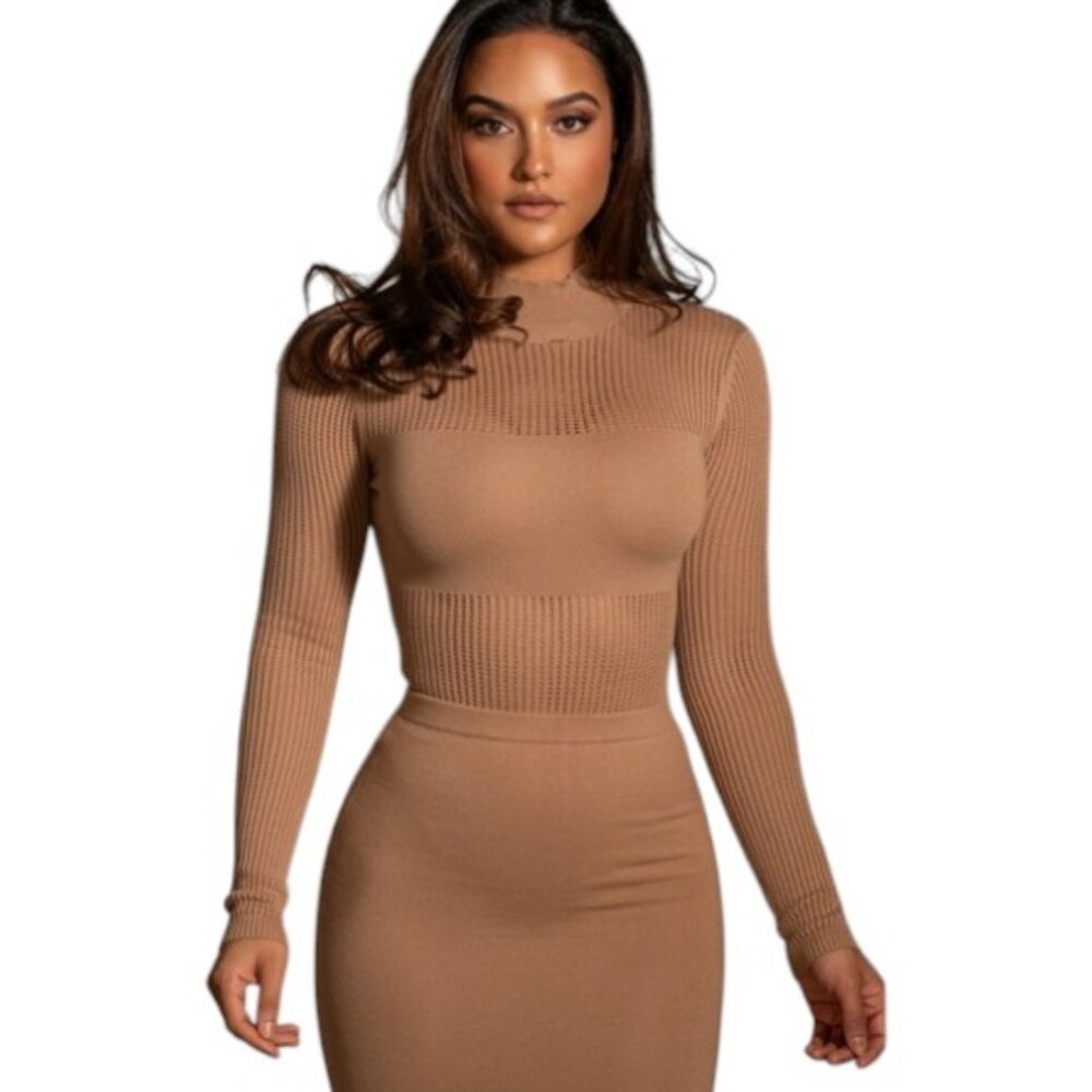 JLUXLABEL beige one piece long sleeve mock neck knitted bodysuit size S